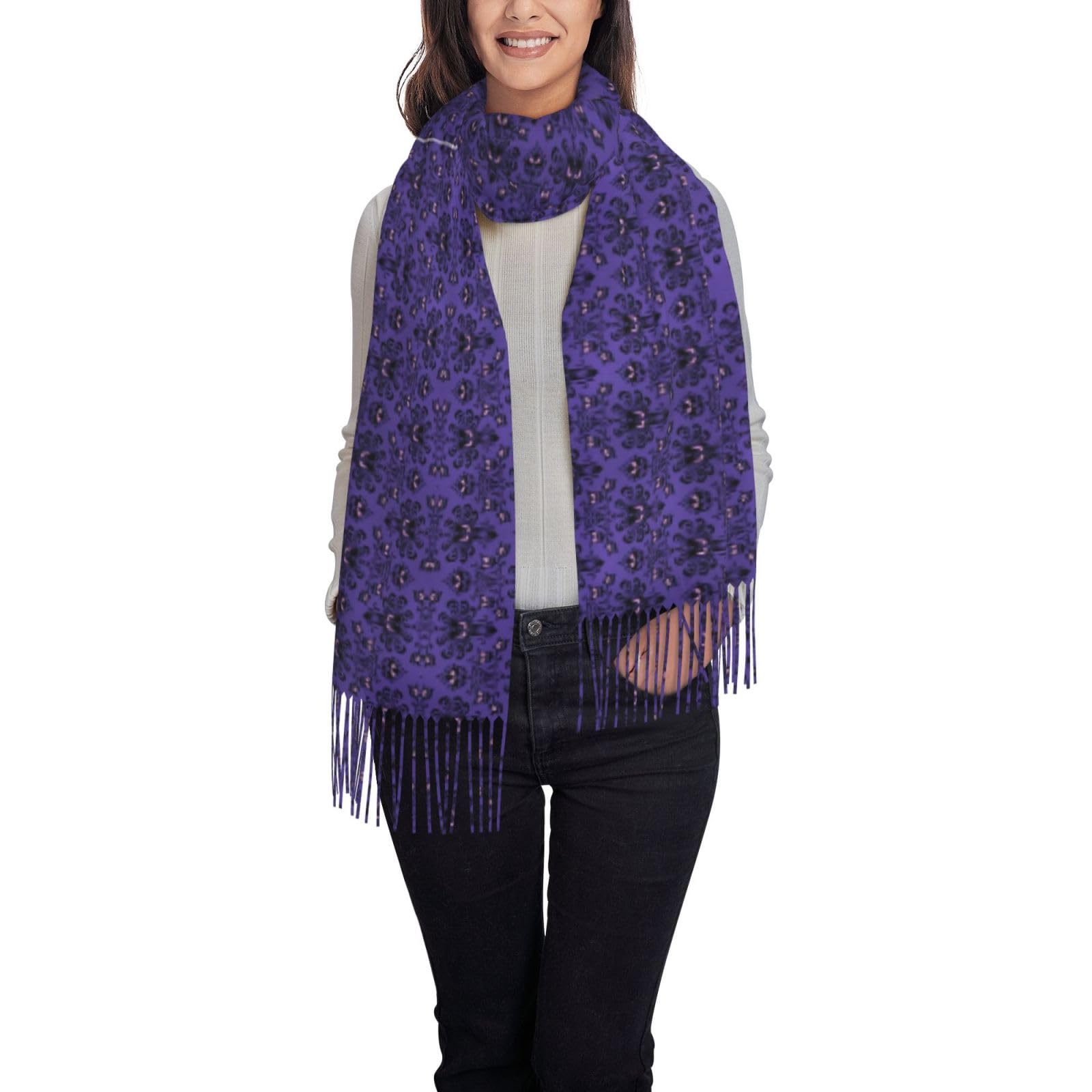 BUULOO Ladies Haunted Mansion Scarf, Printed Faux Cashmere Shawl Scarf Warm Comfortable Soft Scarf With Fringe Scarf Fashion Winter Gift.