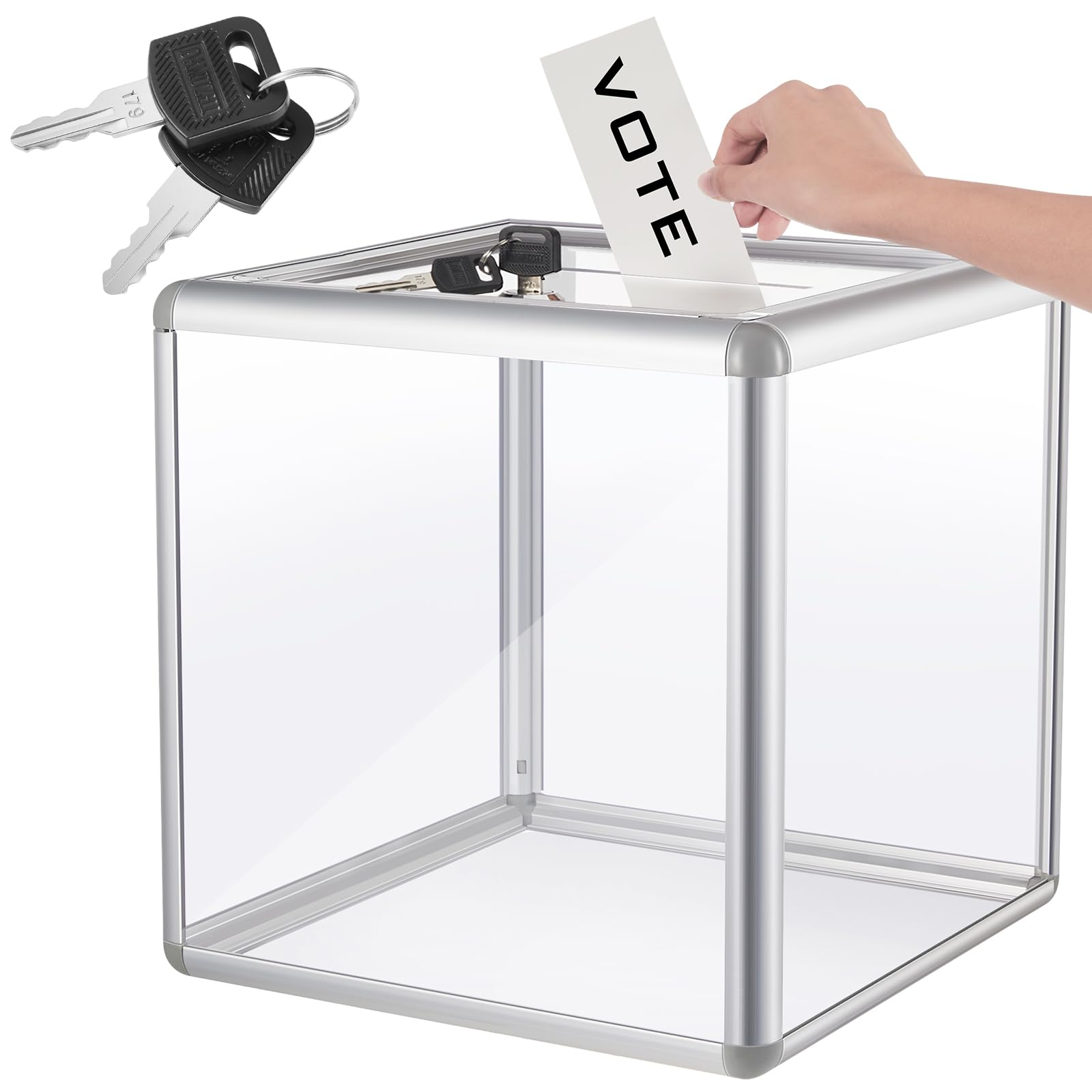 Acrylic Donation Raffle Box with Slot & Lock, Large Clear Ballot Offering Suggestion Ticket Holder for Fundraising Drawing Storage Container Tip Jar Voting Charity(12 x 12 x 12 In,Clear)