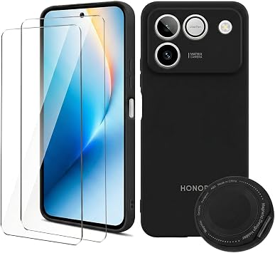 Black Case for Honor Win RT Phone Case with 2x Tempered Glass Screen Protector, Anti-Drop Soft TPU Protective Cover for Honor Win RT + 1x 360  Ring Stand Support for MagSafe