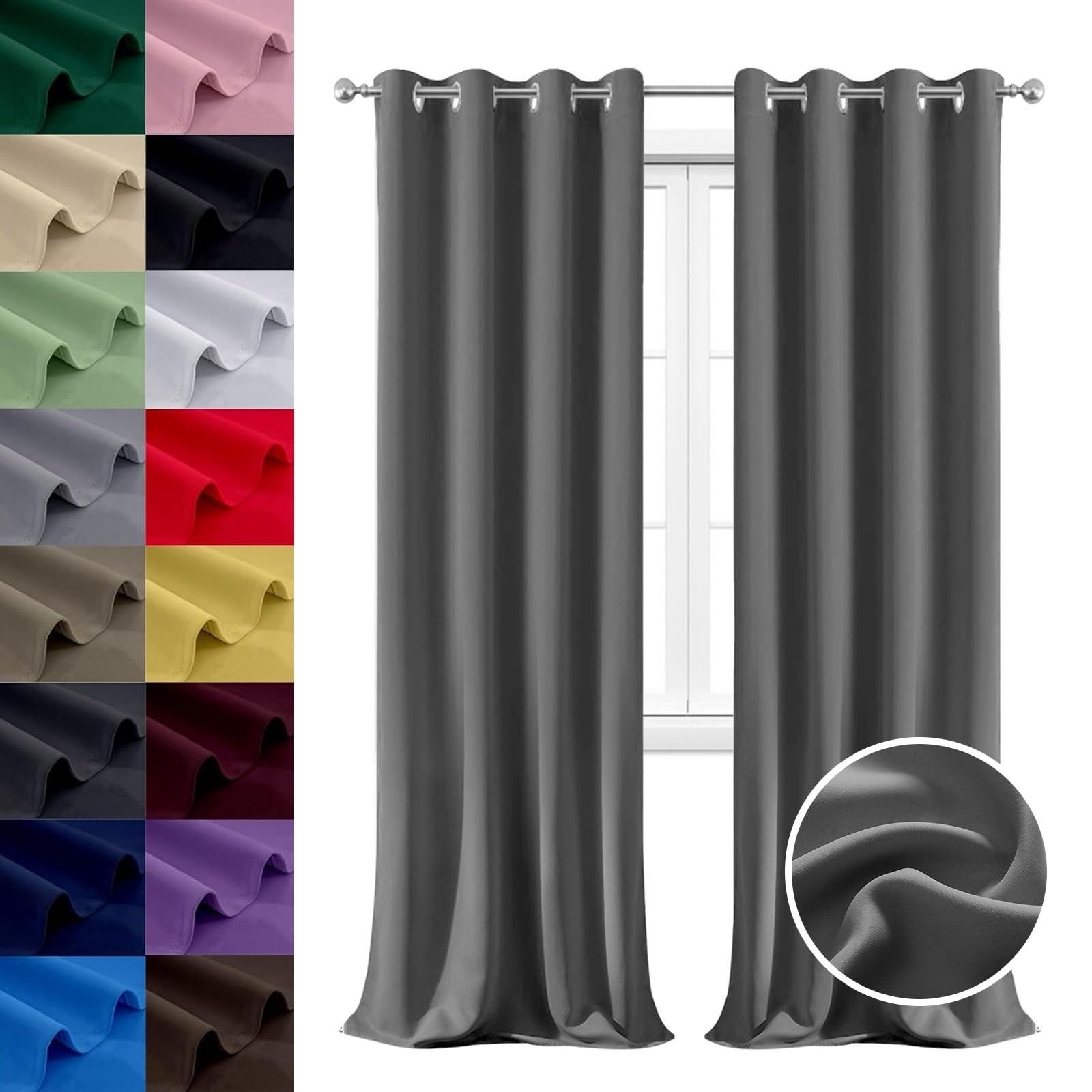 Rideau Occultant Gris Foncé Rideau Thermique Isolant Fenêtre Chambre Salon 172x220 cm 2 Pcs