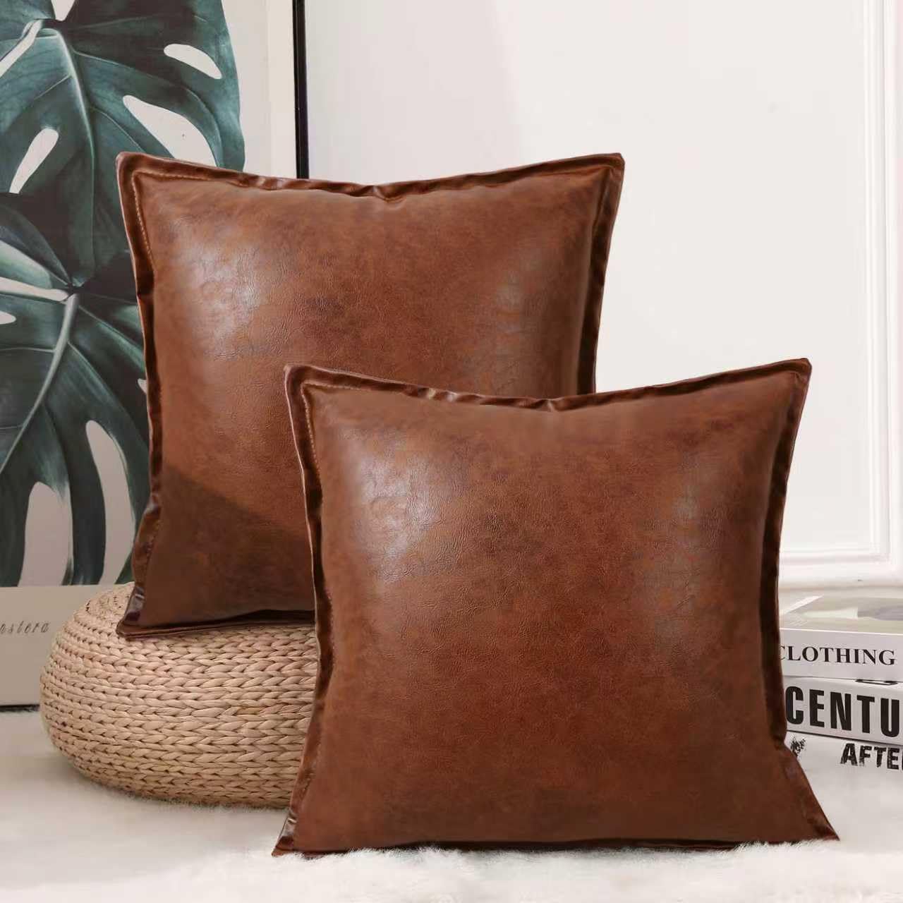JASEN Faux Leather Decorative Throw Pillow Covers Modern 18x18 inch, Farmhouse Cushion Cases Luxury Pillowcases for Couch Bed Sofa Living Room Set of 2 (Light Brown, 18" x 18")