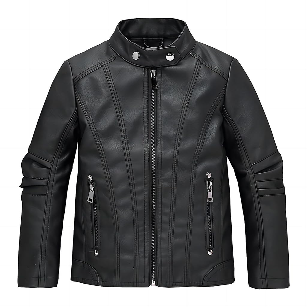 linboo Lederjacke Kinder Bomberjacke Jungen Mädchen Motorradjacke mit Stehkragen Blouson Frühling Herbst Kunstlederjacke