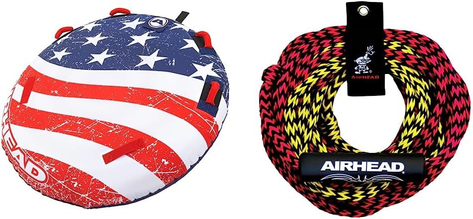 SportsStuff Airhead Stars and Stripes 1 Towable 1 Rider Tube + Airhead 2 Section Tow Rope for 1-2 Rider Towable Tubes, 60-Feet