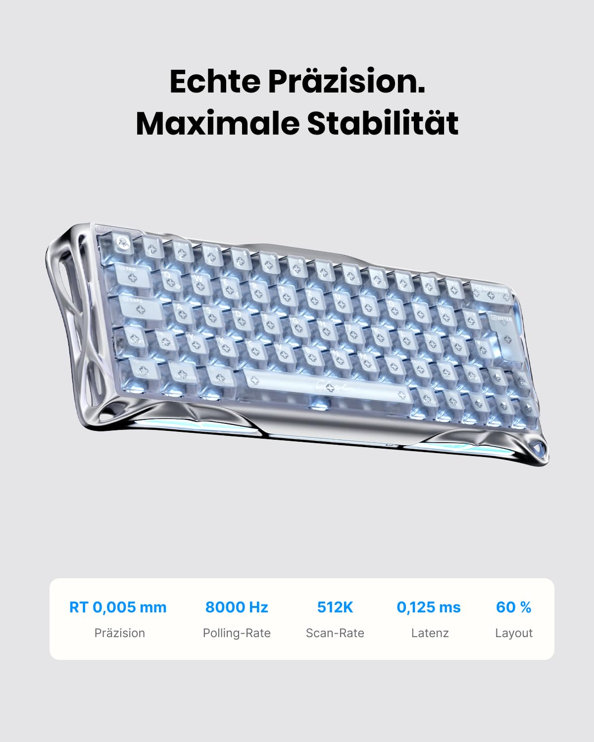 GravaStar Mercury V60 Pro 60% Teclado Gaming de Efecto Hall, Teclado Rapid Trigger con 8000 Hz, interruptores magnéticos, Snap Tap, Aluminio CNC, RGB, para FPS,CS2,PC/Mac (Silver Frost, QWERTZ)