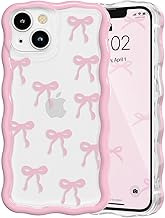 QLTYPRI for iPhone 15 Pink Bow Case, Clear Cute Pink Ribbon Bow Phone Case Curly Wavy Aesthetic Phone Cover, Soft Slim Transparent TPU Shockproof Protective Cover for Women Girls - Ribbon Bow