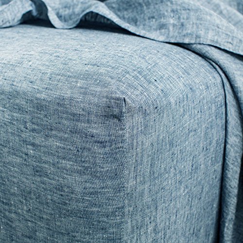 Lausonhouse Linen Sheet Set,Luxurious 100% Pure French Linen Sheet Set, Deep Pocket,4 Pieces Bedding Set - King Chambray Blue