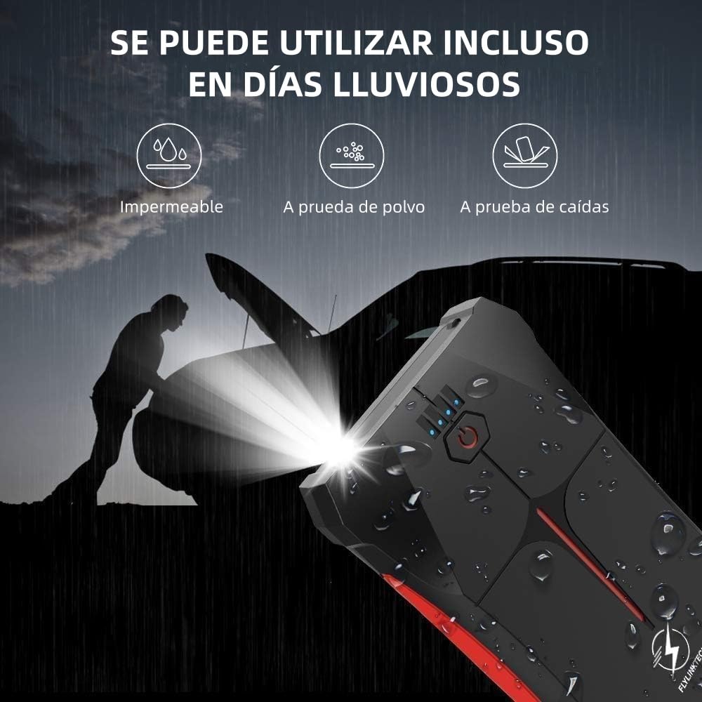 FLYLINKTECH Arrancador de Coches, 4000A 13200mAh Arrancador de Baterias de Coche (hasta 9.0L Gas o 8.5L Diesel), 3 Modos Linterna LED, Puerto USB