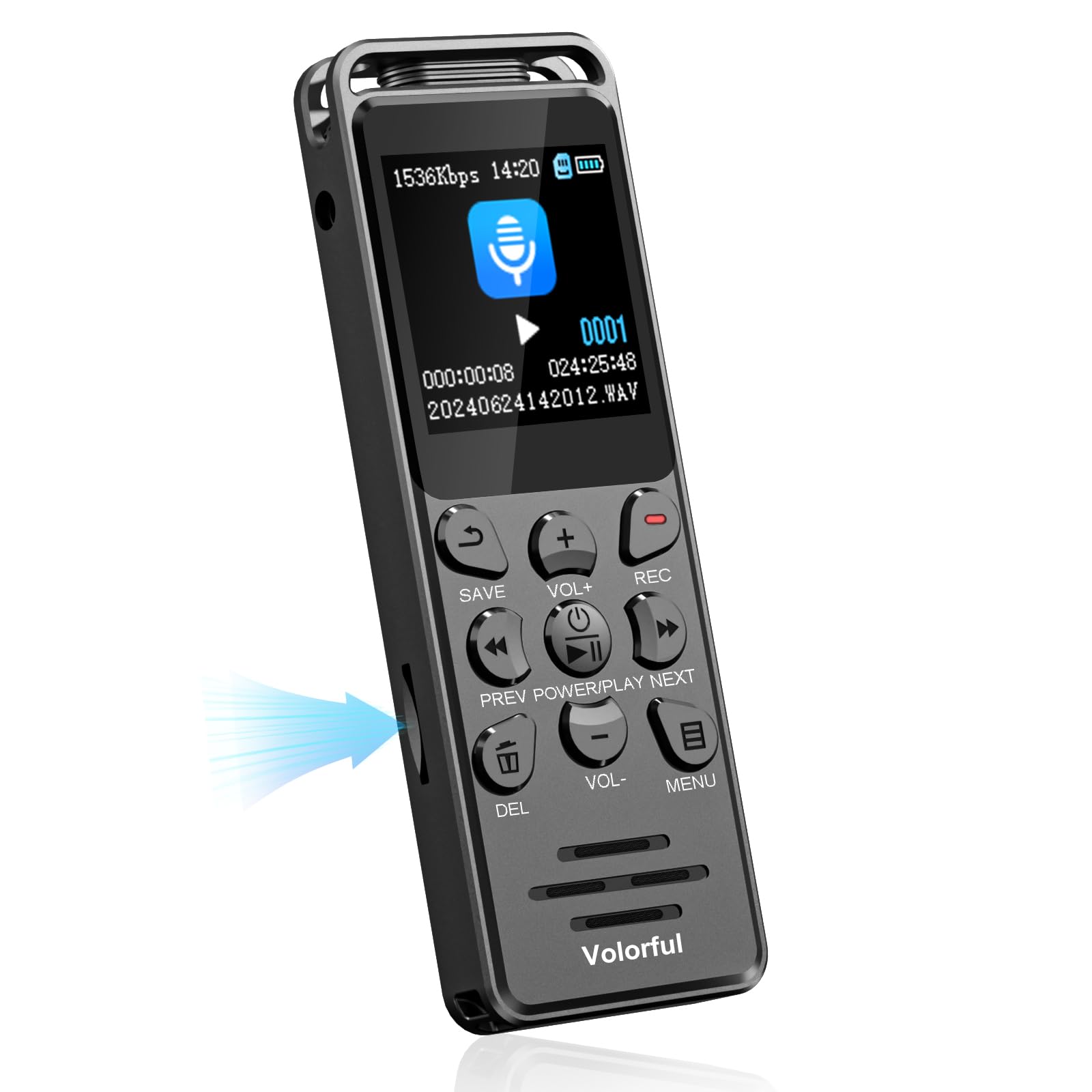 16GB Grabadora de Voz Profesional Digital, 70H Grabadora Audio, Volorful 1,44" Pantalla Color Grabadora USB C Portátil para Clases Reuniones Entrevistas, Reproductor MP3, Activación por Voz