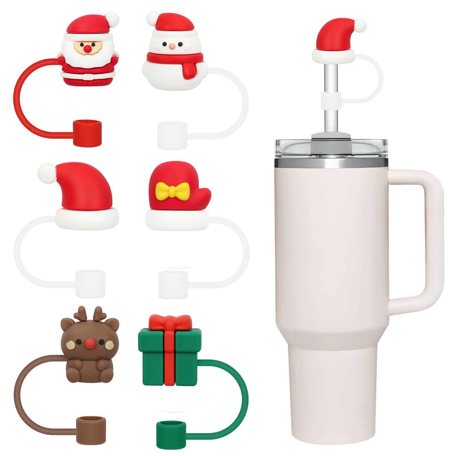 FYY Christmas Straw Covers Cap 6 Pack Reusable Silicone Straw Lids
