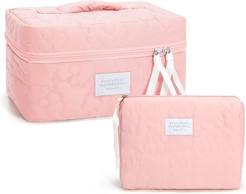 Miniatura 1 de JASGOOD Bolsa de maquillaje para mujer, bolsa de cosméticos de viaje de gran capacidad, bolsa organizadora de maquillaje con asa de cremallera,