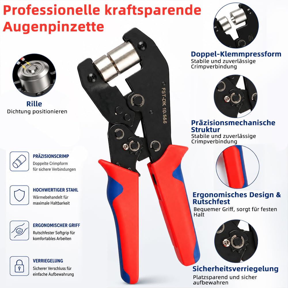 Ösenzange Set mit 500 Rostfreien Ösen (250pcs Ø 6mm & 250pcs Ø 10mm) Magnetische Ösenpresse, Ratsche Ösenstanze mit Wechselbarem Stanzkopf, Ösenzange für Planen, Banner, Stoffe, Leder, Gürtel