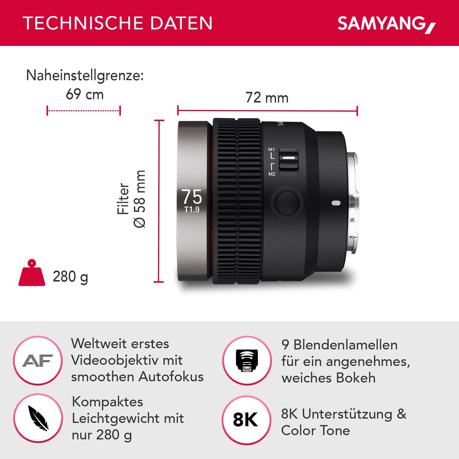 Samyang V-AF 75mm T1,9 FE für Sony E, Videoobjektiv, Auto Fokus Objektiv, Cine Lens 8K Unterstützung, Anamorphic kompatibel, Custom Switch und Custom Button