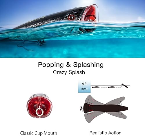 Miniatura 6 de Dr.Fish Topwater Popper - Señuelos de pesca de agua salada, 45.5 pulgadas GT Popper VMC anzuelos agudos señuelos de pesca para Striper, lucio,