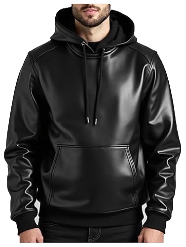 New Men's Casual Black Premium Pullover Leather Hoodie Jacket