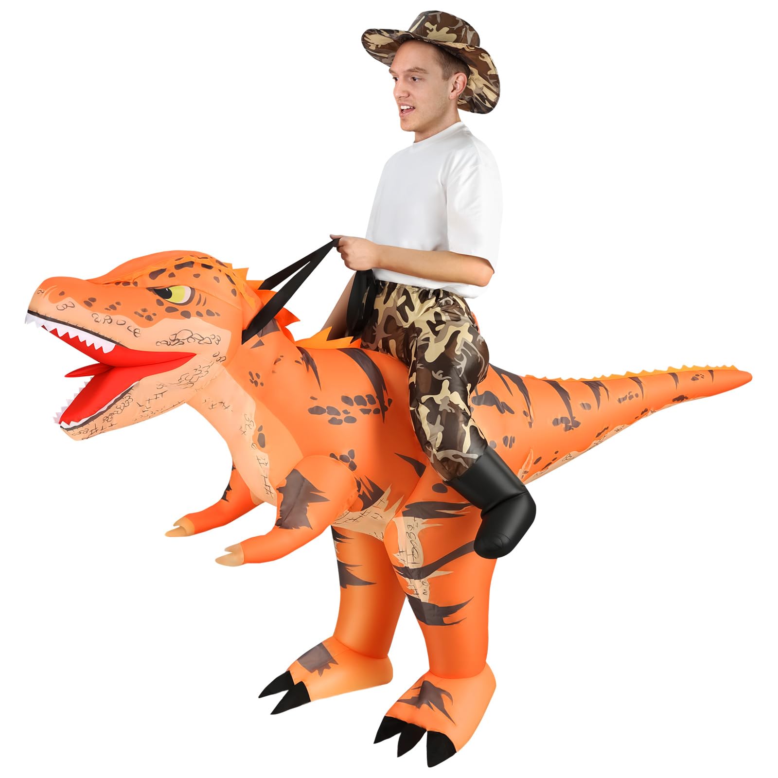 Alaoo Inflatable Dinosaur Costume for Adult, T-Rex Inflatable Costume with Hat, Funny Ride-on Orange Dinosaur Halloween Costumes for Halloween Christmas Cosplay Masquerade Party(160-190cm)