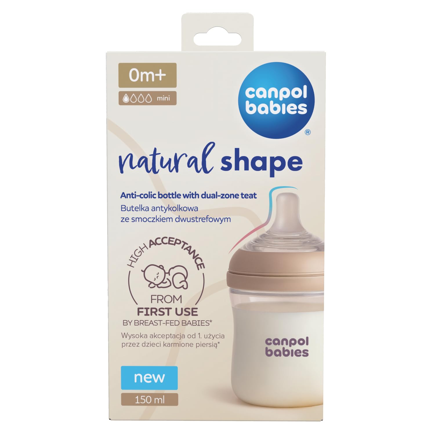Canpol babies Butelka Natural Shape ze smoczkiem dwustrefowym, Niekapiący smoczek, Czytelna skala (150 ml mini)