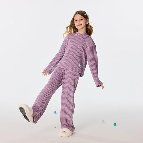 Girls 2 Pieces Outfits Lounge Set Knit Hoodies Flare Pants Sweatshirts and Sweatpants Kids Tracksuits 5-14 Years(Purple,13-14 Years)