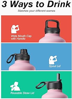 Coolflask Water Bottle Insulated 64 oz with Straw & 3 Lids, Half Gallon Water Jug Large Metal Stainless Steel Wide Mouth, BPA-Free Keep Cold 48H Hot 24H, Bubblegum Princess