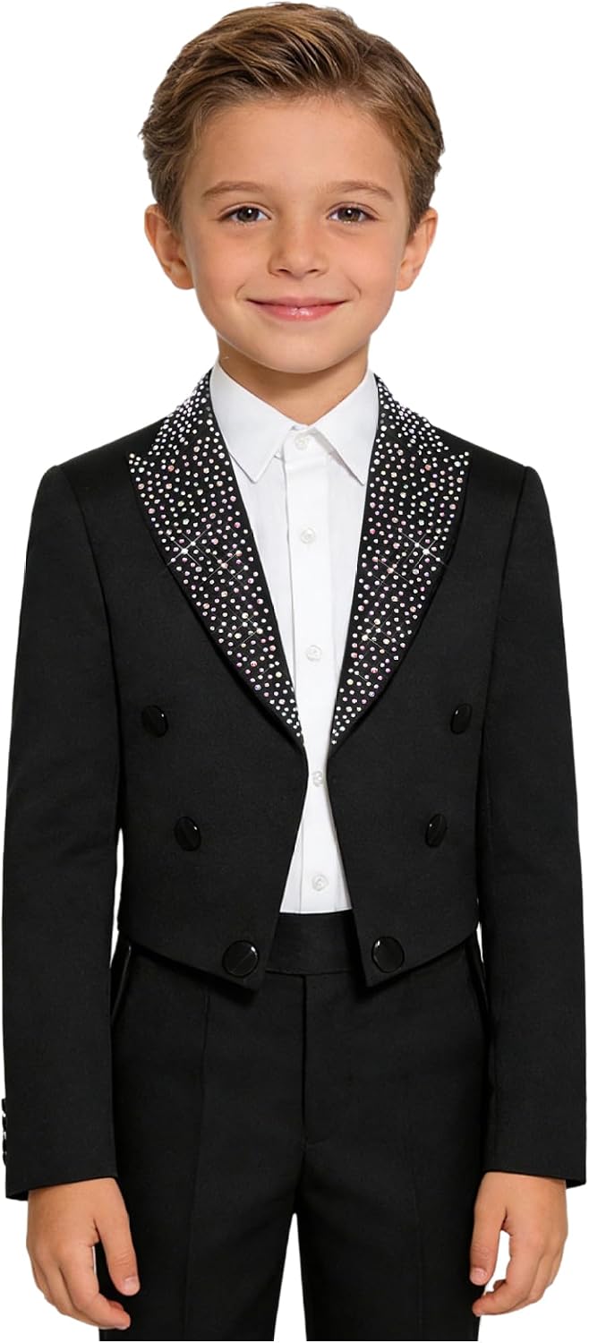 Boys Classic Fit Tailcoat Jacket Long Sleeve Sequins Tuxedo Blazer Prom Jacket