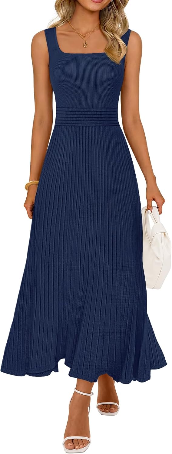 MEROKEETY Women's Square Neck Sleeveless Pleated A-Line Midi Dress 2026 Summer Casual Vacation Cocktail Work