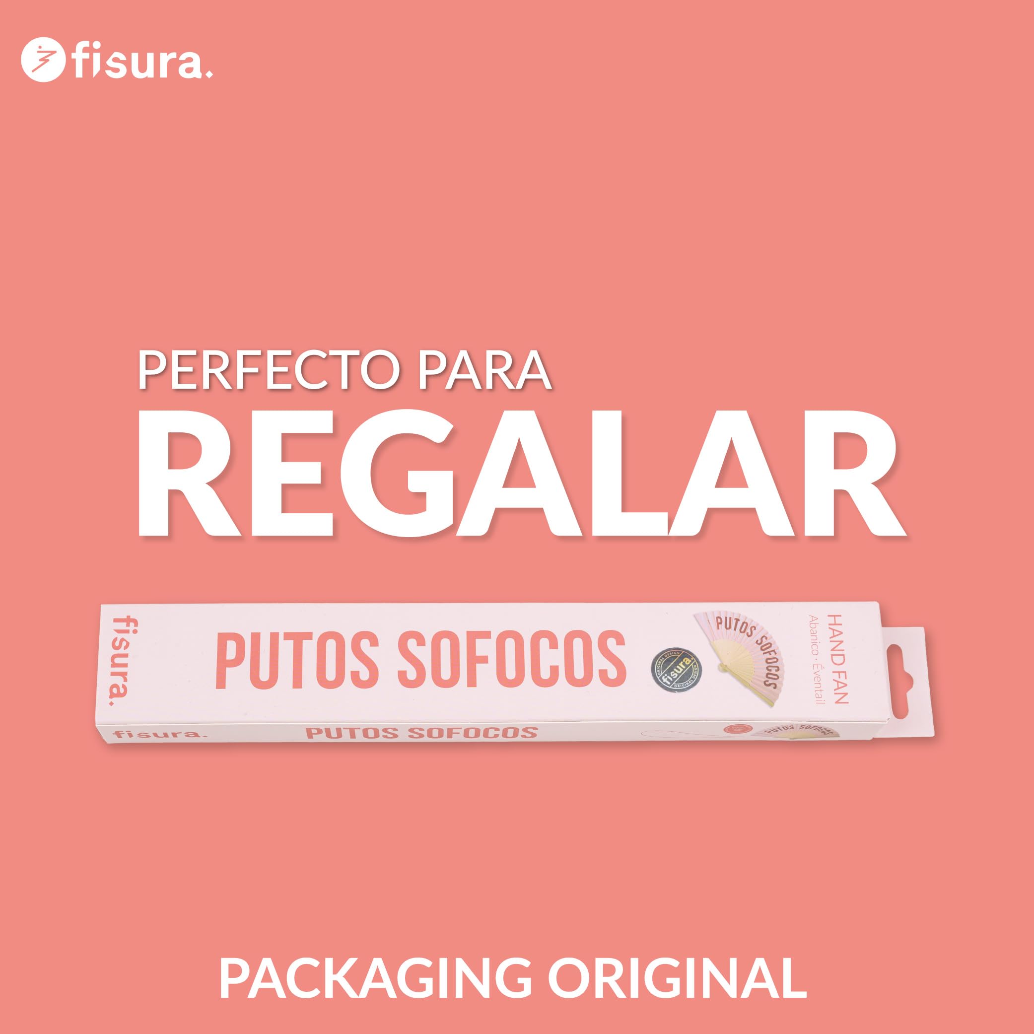 Fisura – Abanico original con mensaje “p*tos sofocos”. Abanico de madera moderno y gracioso. Abanico rosa y rojo. Abanico con cuelga abanico. 42,5 x 23 cm.