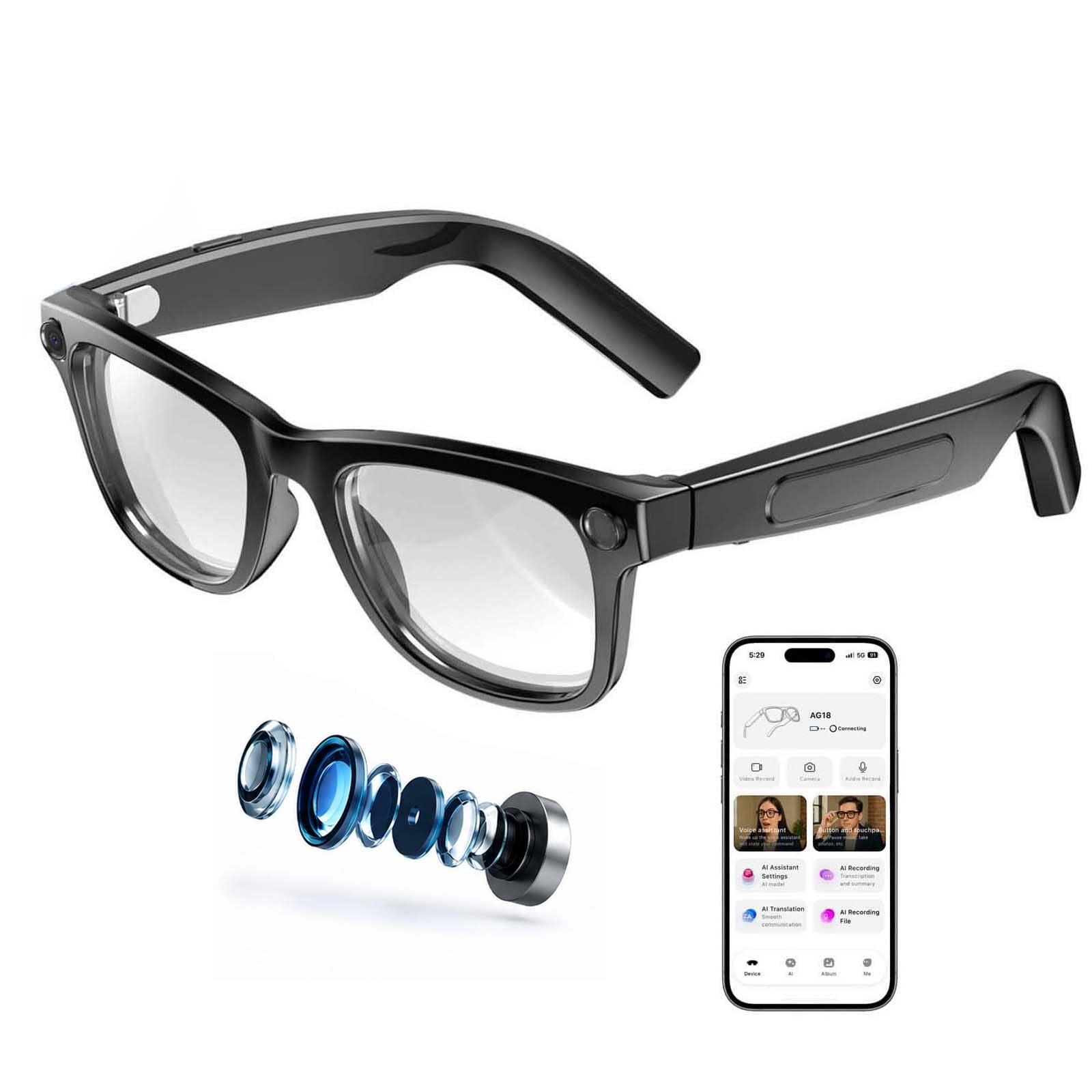 W & O AI Smart Glasses with Camera,8MP Photo Camera Glasses,1080P Video Recording Glasses with Dual Mic Noise Cancellation,Bluetooth Open-Ear Audio,Real-Time Translation,for Men Women(Clear Lenses)-image-20