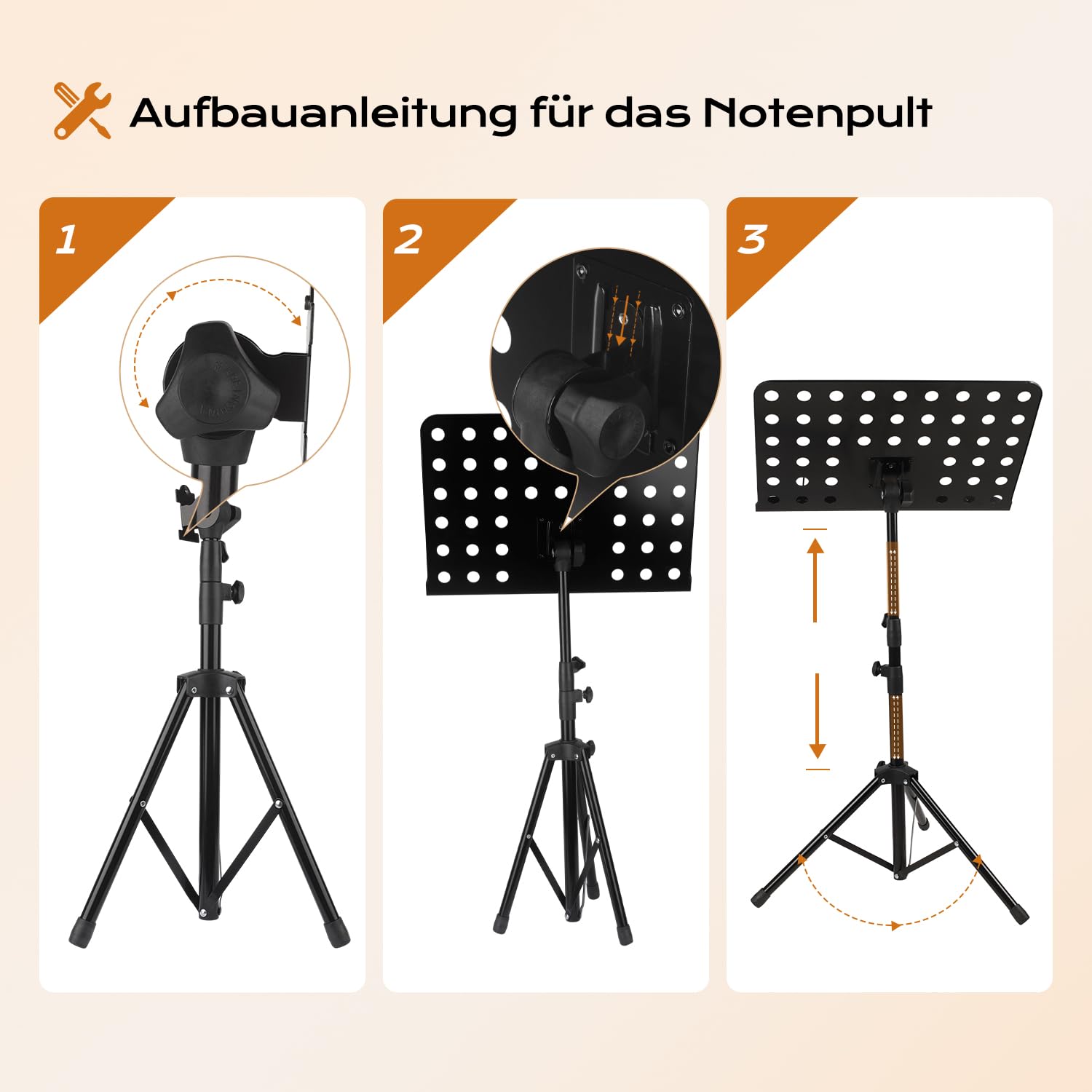 Orchesterpult Lochblech Notenständer Stabiler faltbar, höhenverstellbar von 70cm bis 160cm Metall-Ständer, Notenpult für dicke Bücher, Tablets und Notenblätter mit Notenklemmen und Ablage, Schwarz