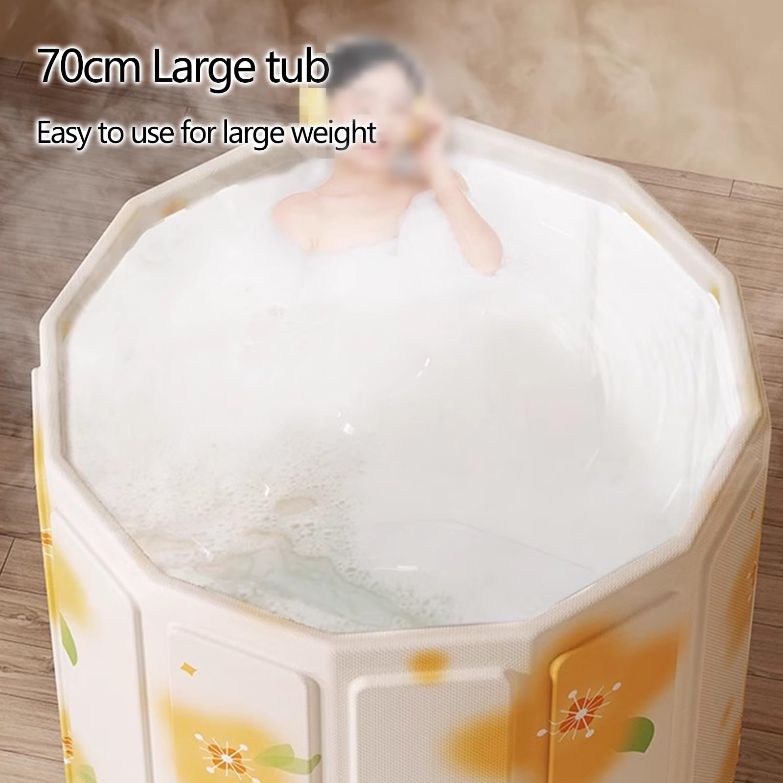 Bañera Plegable Adulto para Ducha con 2 Salidas de Drenaje Bañera Portatil Adulto Bañera Exterior con Funda, Cojín Relleno de Agua, Varilla Calefactora(Yellow,80 * 65cm)