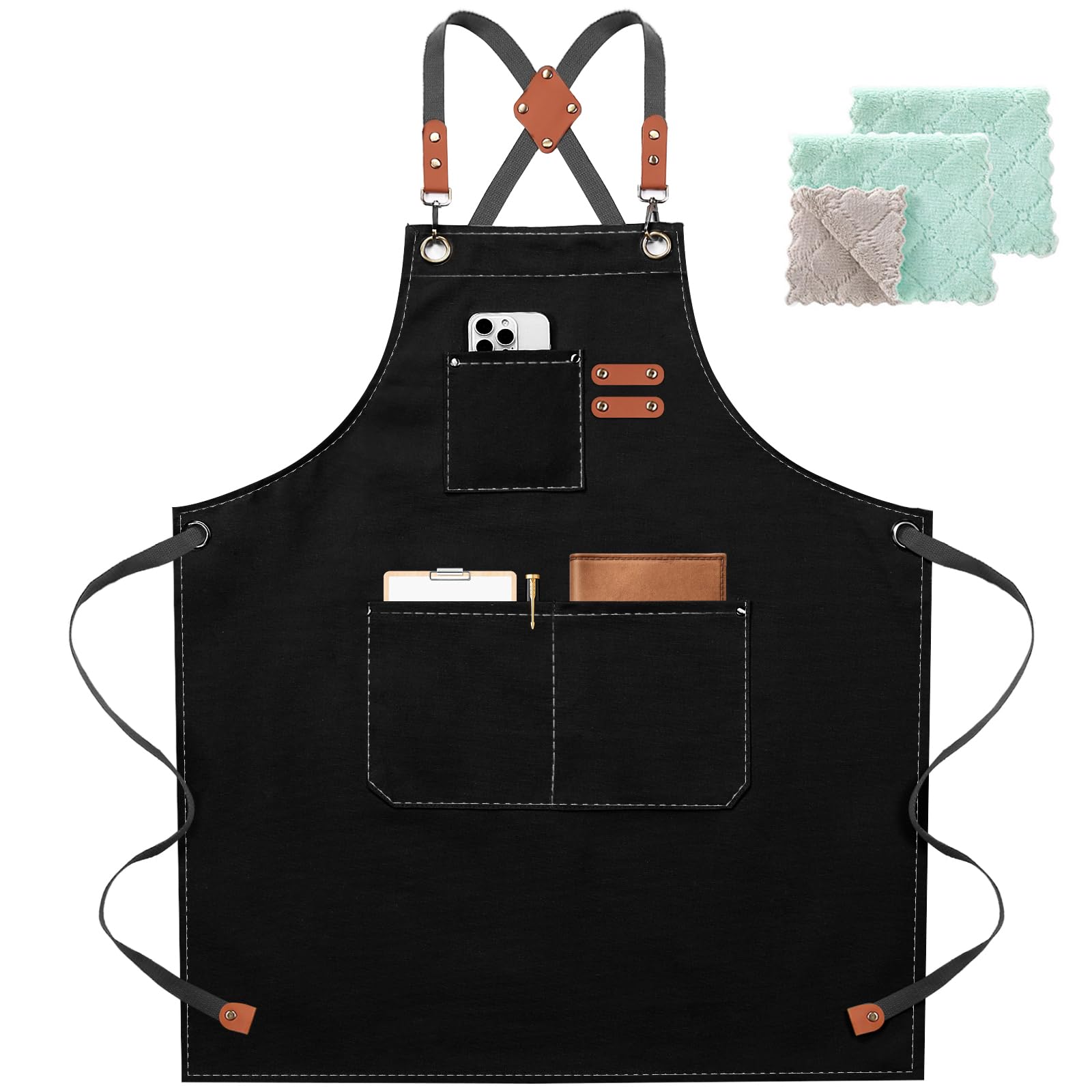 Chef Apron for Women Men with Large Pockets, Cotton Canvas Cross Back Waterproof Work Aprons for Kitchen Cooking Bib