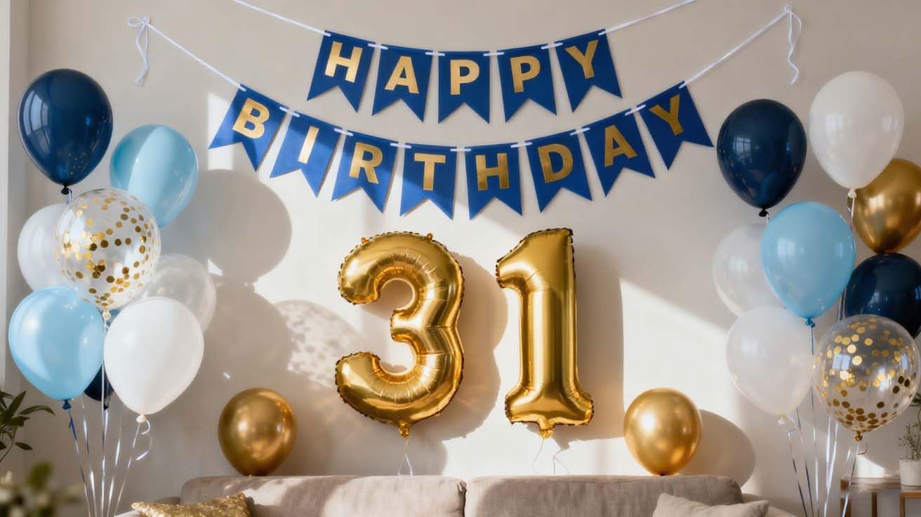 31st Birthday Decorations Blue Gold for Men, Happy 31st Birthday Banner Number 31 Foil Balloon Blue Gold Confetti Latex Balloons for Him Men 31 Years