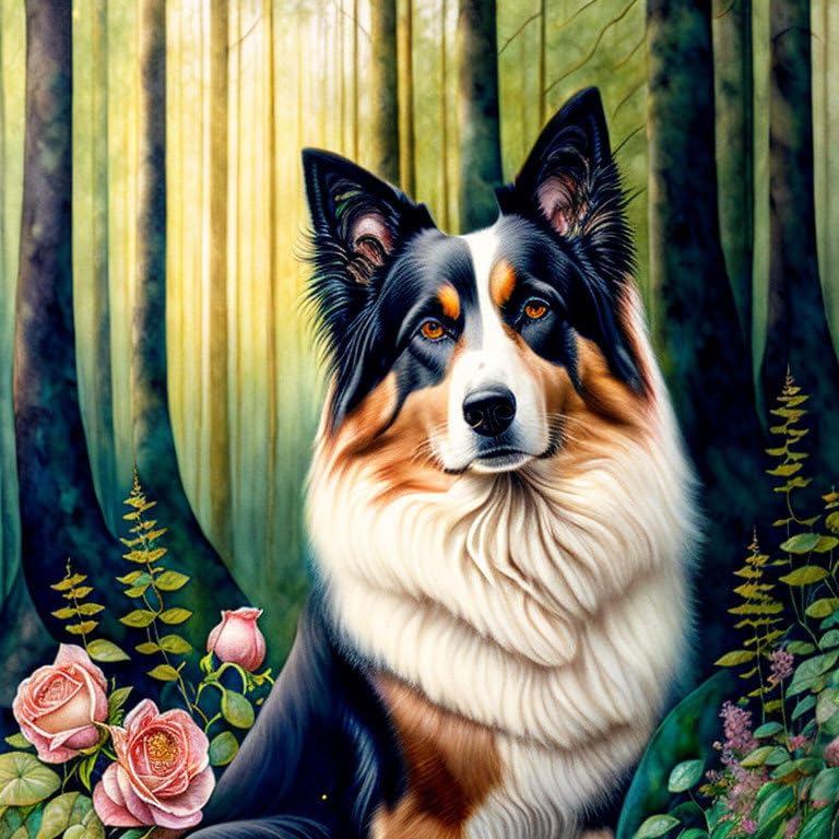 Poster forêt dans un rêve et Border Collie pour décoration salon nature 58 x 90 cm