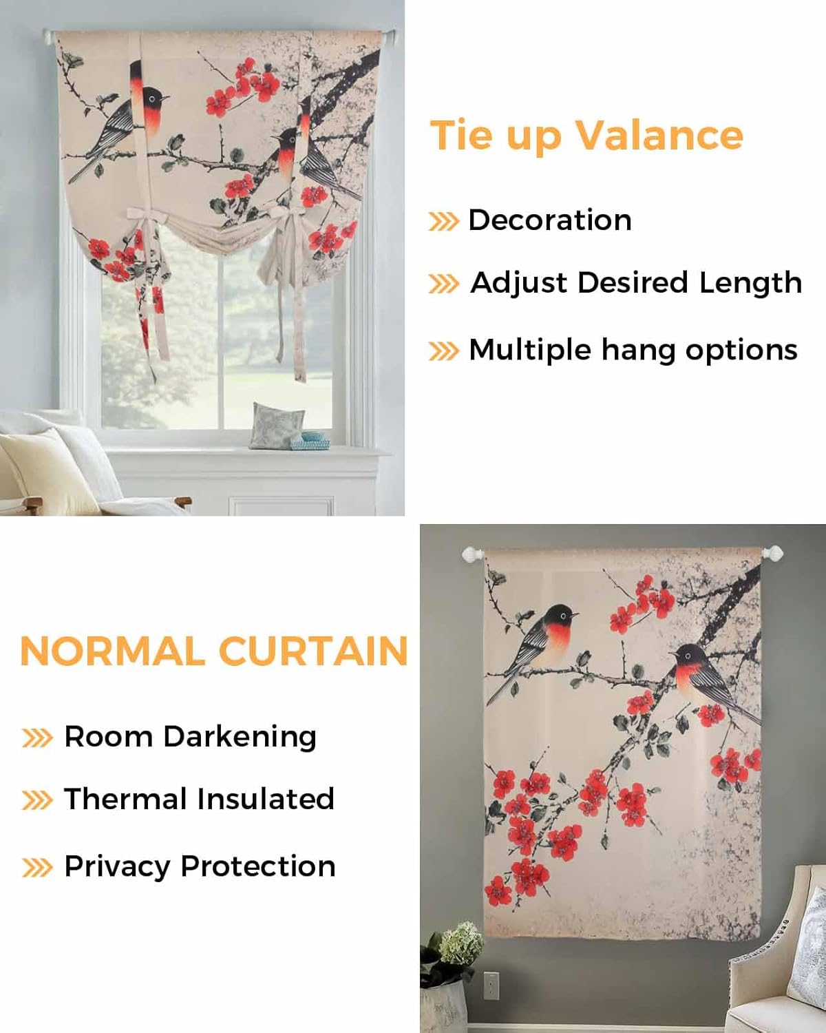 Tie Up Curtain for Windows Bird on Branch Balloon Window Shades for Bedroom Bathroom Adjustable Rod Pocket Plum Blossom Flower Leaves Window Treatments Curtains Valance for Kitchen 52" W x 63" L