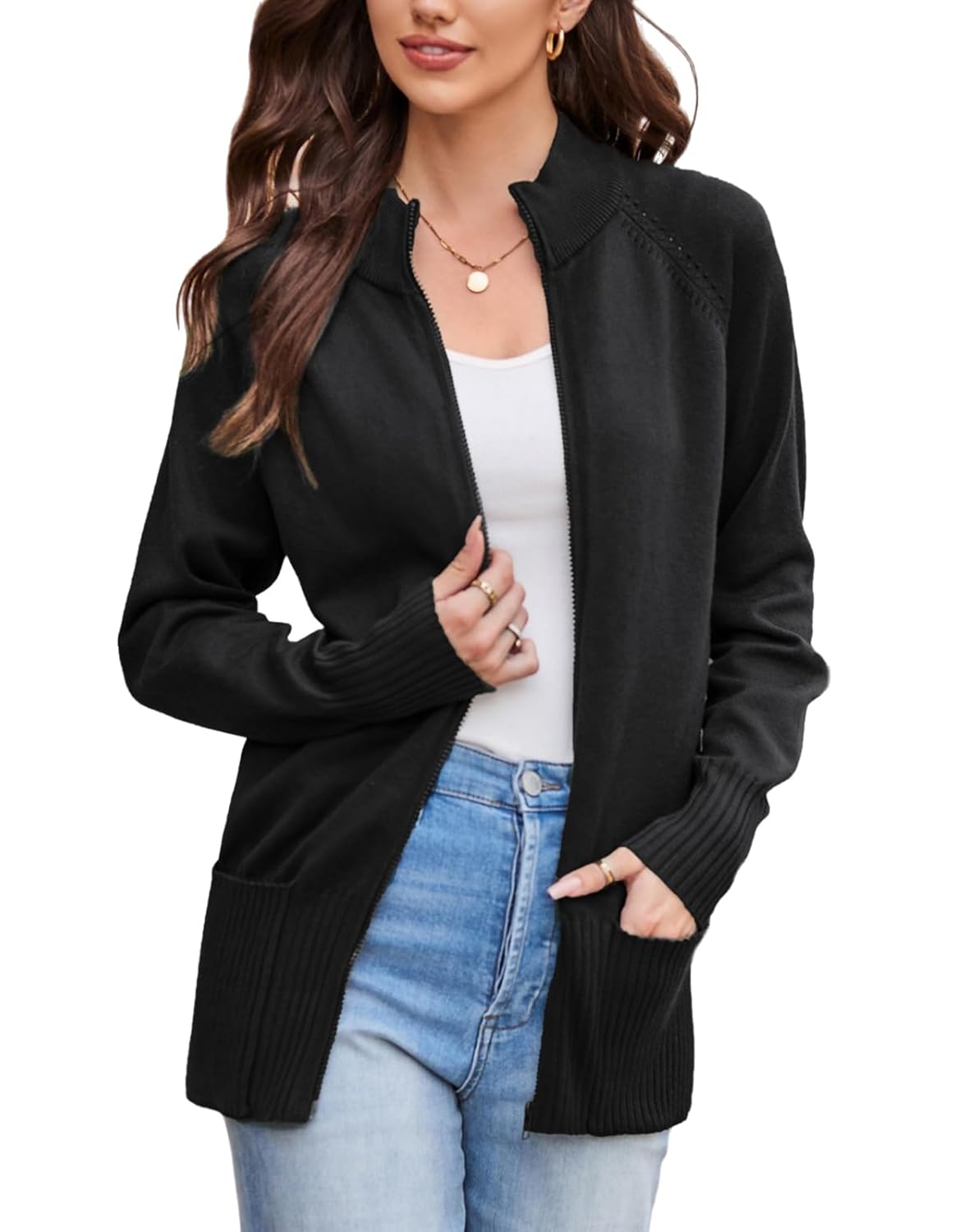 GRACE KARIN Womens Long Sleeve Zip Up Knit Cardigan with Pockets Stand Collar Full Zip Sweater Coats Trendy