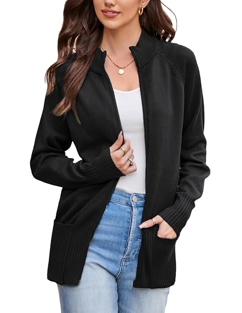 GRACE KARIN Womens Long Sleeve Zip Up Knit Cardigan with Pockets Stand Collar Full Zip Sweater Coats Trendy