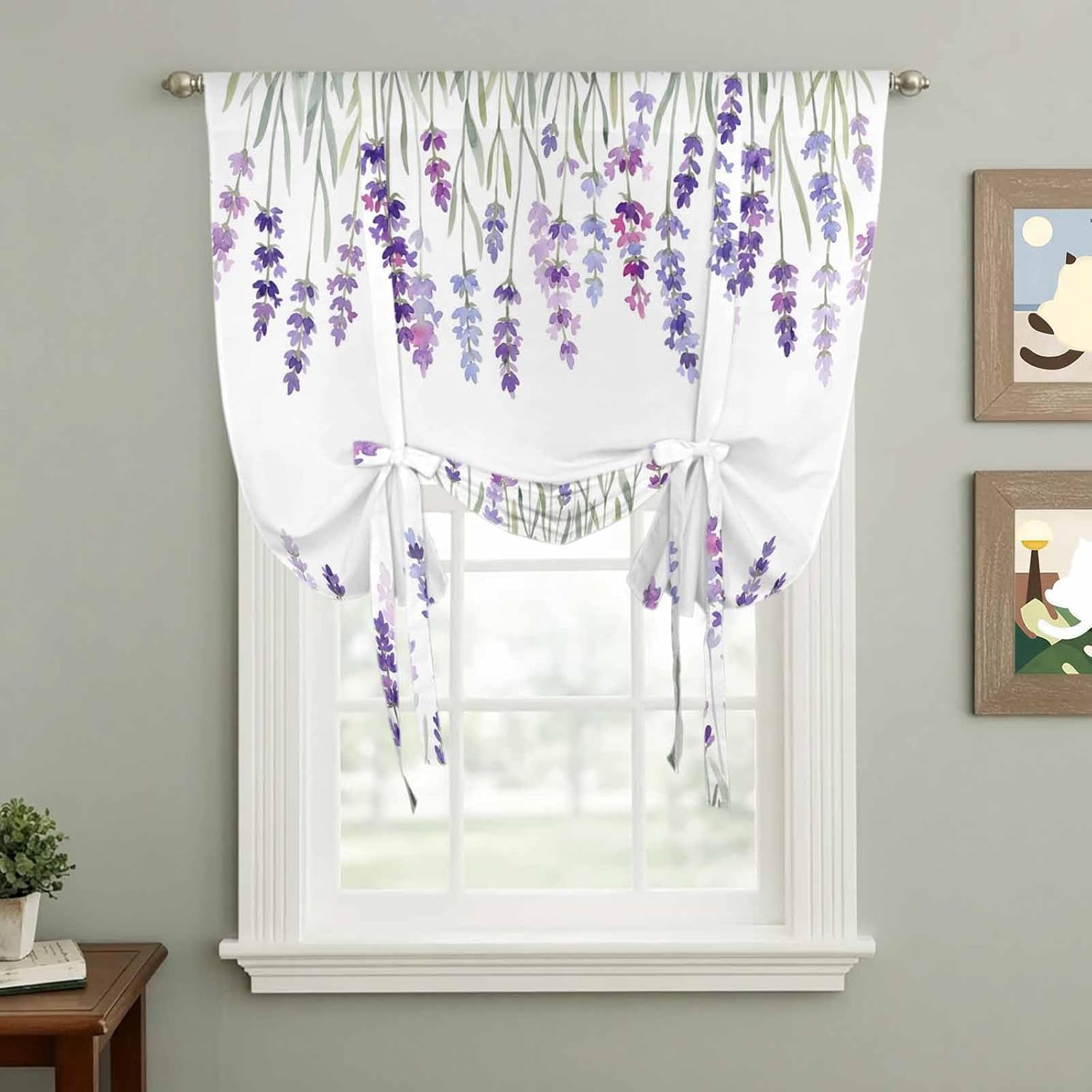 YOKOU Curtains Balloon Window Shade Summer Watercolor Purple Lavender Flower Floral Print White Rod Pocket Curtain Adjustable Tie Up Short Curtains for Small Windows Kitchen,1 PCS 42 x45 inch