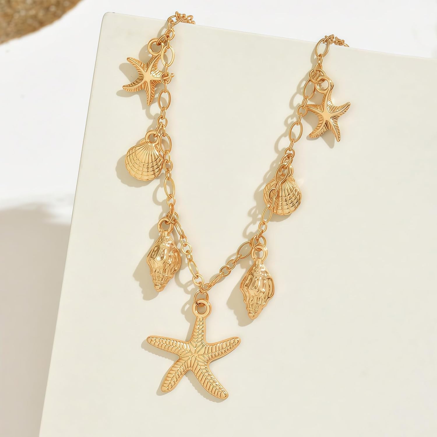 Shell Starfish Necklace for Women, 14k Gold Plated Boho Layered Beaded Charm Pendant Necklace, Dainty Adjustable Pearl Conch Summer Beach Vacation Jewelry Gifts - Image 6