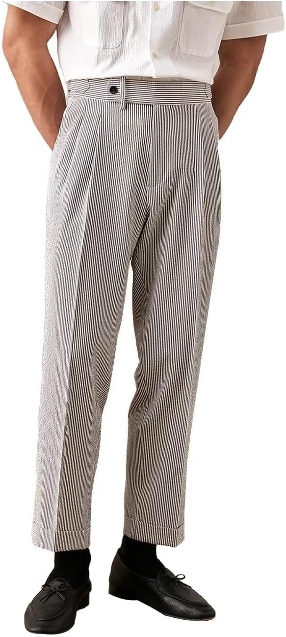 Pantalon Homme Baggy Rayé Taille Haute – Style Formel/décontracté Avec Ceinture Cordon – Noir