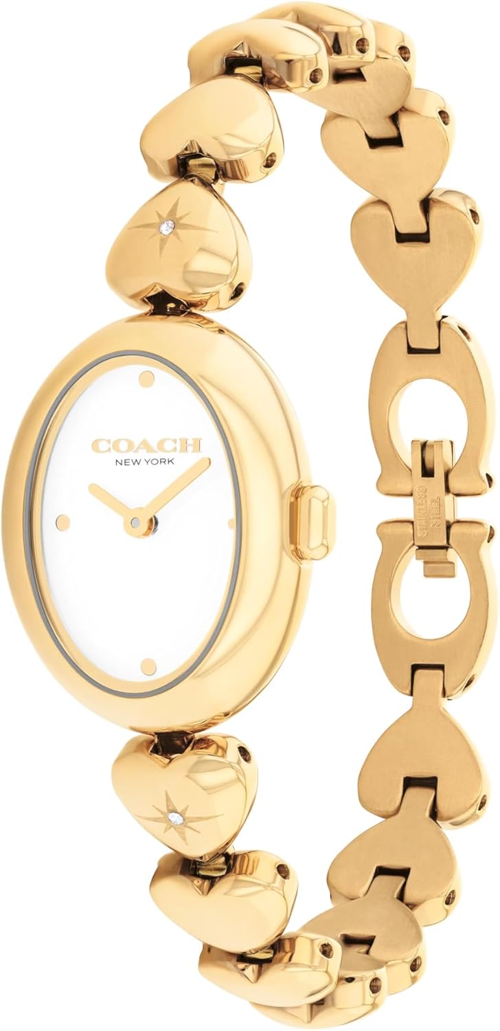 COACH Sammy Women’s Quartz Watch - Heart-Link Bracelet with Crystals, White Lacquer Dial - Modern, Versatile Timepiece - Gift for Her 22.5mm