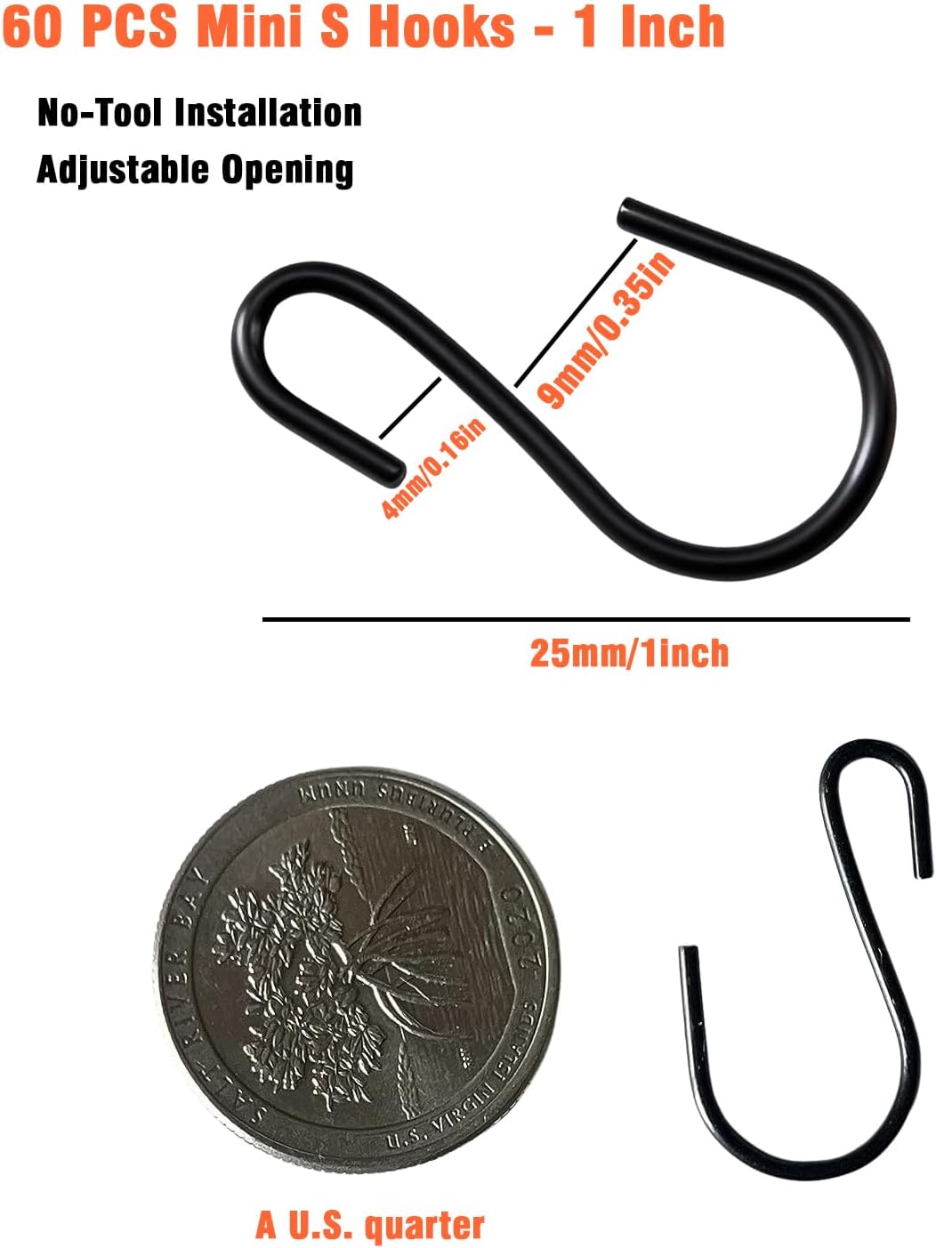 60 PCS S Hooks, 1 Inch Mini Black S-Hooks for Hanging, Iron Hooks for Jewelry, Kitchen Utensils, Pots, Ornaments, No-Tool Installation Organization