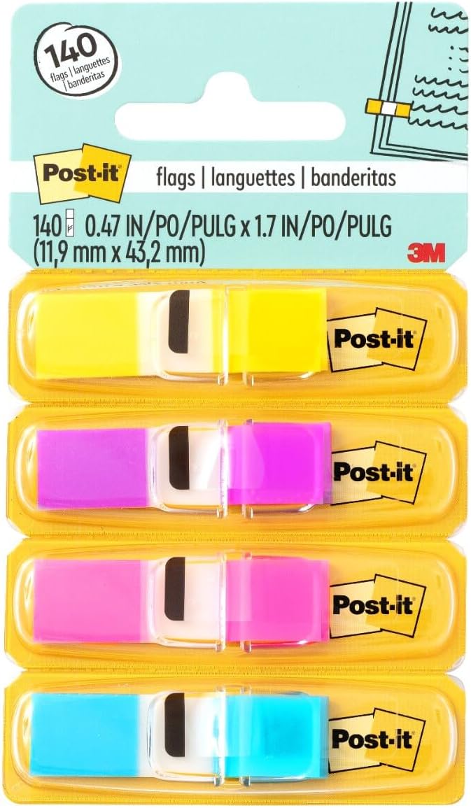 Post-it Flags 1/2" Dispenser 1/2 x 1.7 in (11.9x43.2mm), 4 colors/pack | 6 packs/Box | Bright Assorted colors | Mark, Highlight | No Damage | Page Markers | Book Tabs | Sticky Index | 35 flags/color