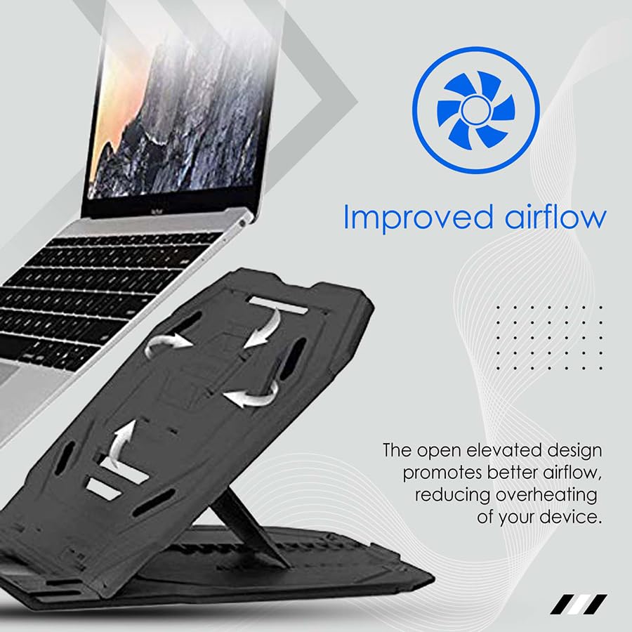 Image of URBAN KINGS Abs Plastic Laptop Stand & Mobile Phone Holder for Desk, Adjustable 10 Angle Laptop Riser for Laptops MacBook Pro and Air 13 inch 14 inch 15.6 inch 17 inch, Desktop Ergonomic (Black)