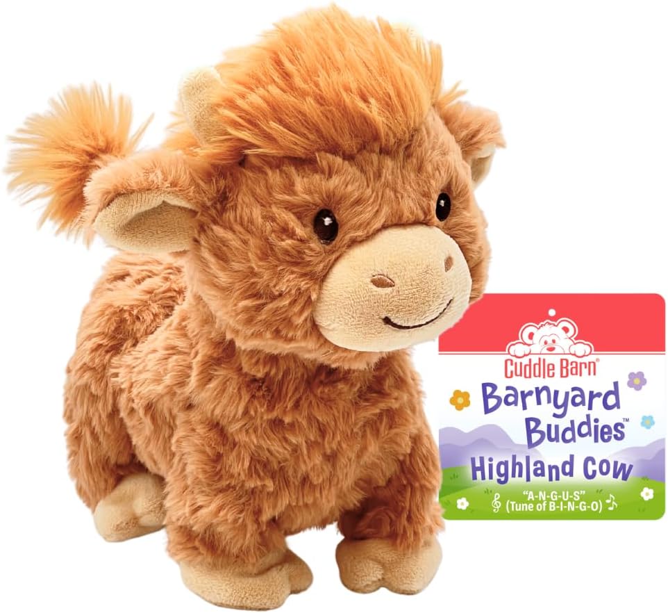 Cuddle Barn Walking Highland Cow Plush | Barnyard Buddies Interactive Toy Farm Animal Moos, Moves, Wags Tail to Song A-N-G-U-S (Bingo)| Soft Musical Stuffed Animal | Gift for Toddlers Kids - 9"