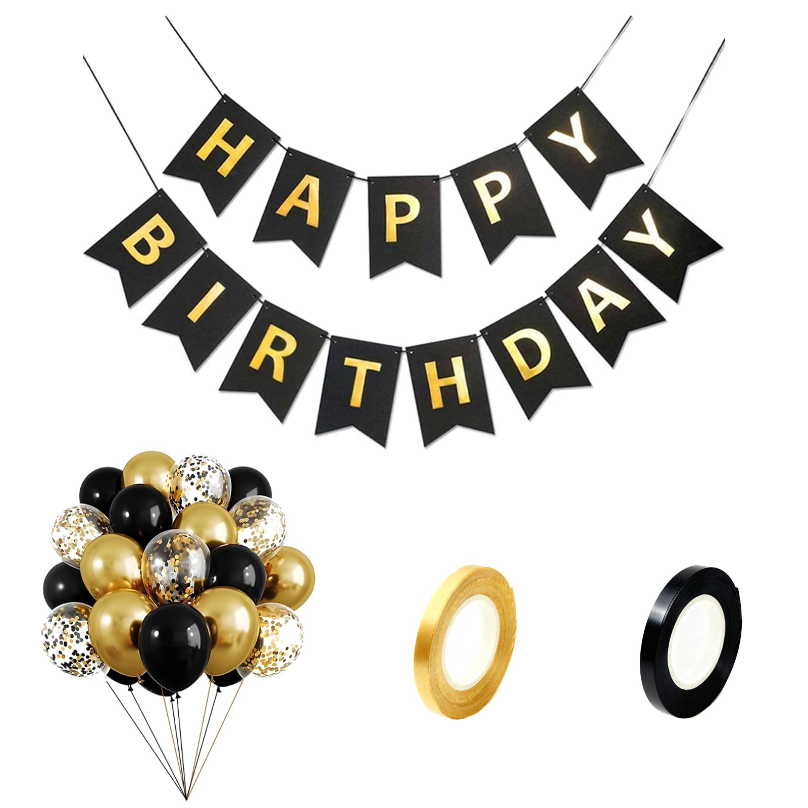 Black and Gold Birthday Decorations Set, Happy Birthday Banner, 10inch Balloons with 2 Ribbons for Men Boys Women Girls Birthday Party Decorations Supplies