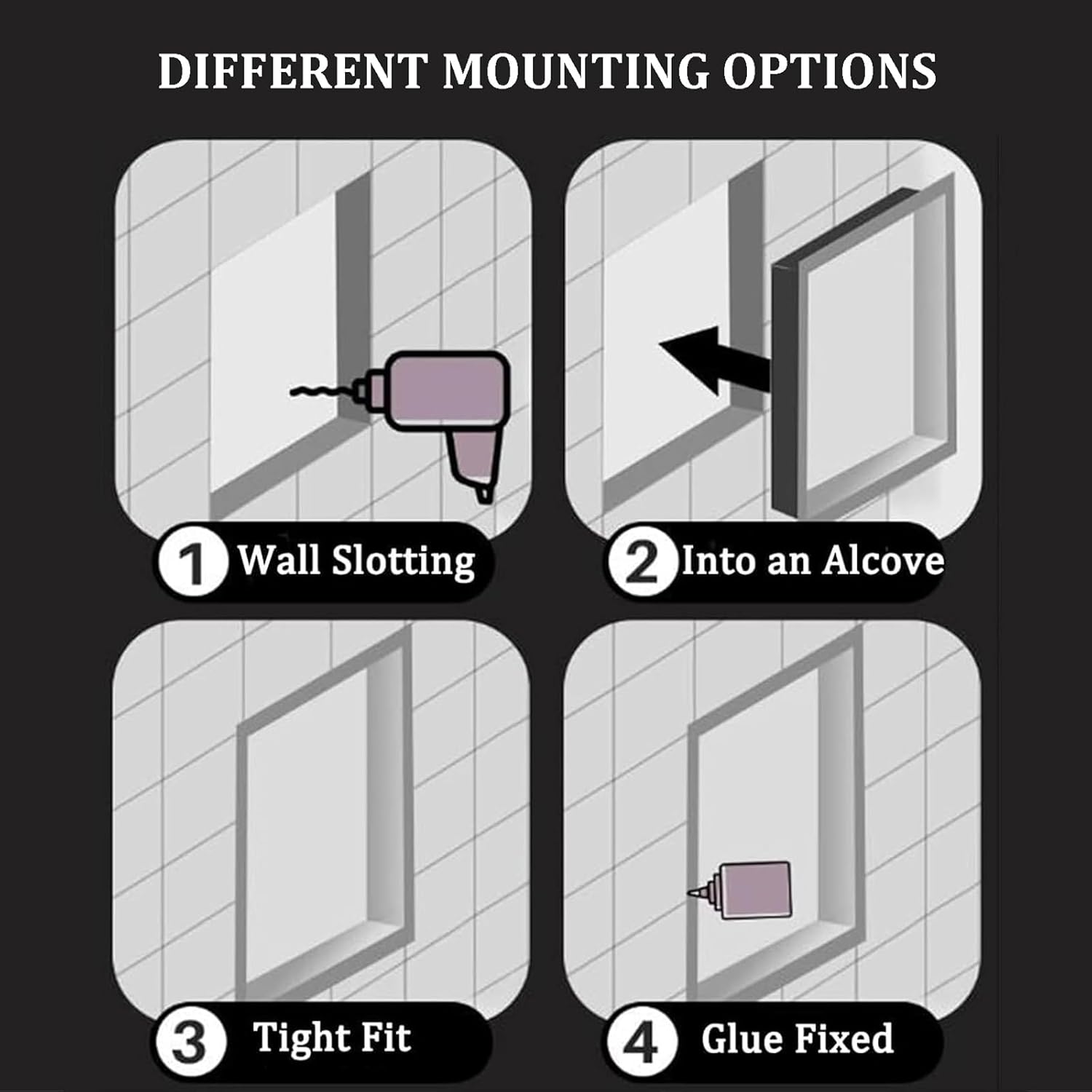 Recessed Stainless Steel Shower Niche & Shelf, Built-in Black Toilet Paper Holder, Wall-Mounted Trash Can, Perfect for Bathroom & Kitchen Storage Solutions.
