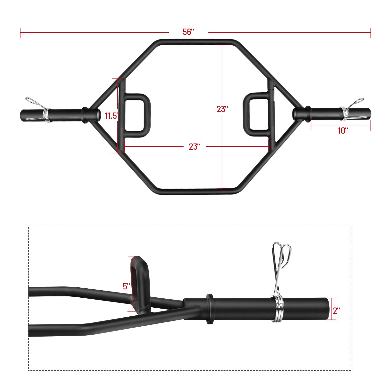 GYMAX Barra Hexagonal Olímpica, Barra Trapezoidal para Entrenamiento de Fuerza con Manguitos Cargables y Collares de Resorte de 26 cm, Barra de Encogimiento de Pesas