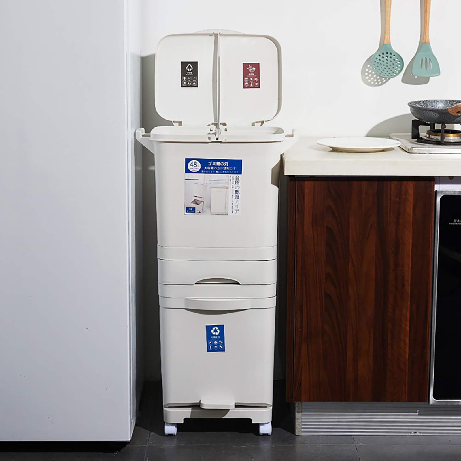QWEASDF Trash Can Double Layer Strato di plastica Classificazione Stampa Tipo Superiore e Pedale Tipo Abbassa Il Livello con Doppio Coperchio Cucina Bagno Bidone per Il Riciclaggio,Double Layer
