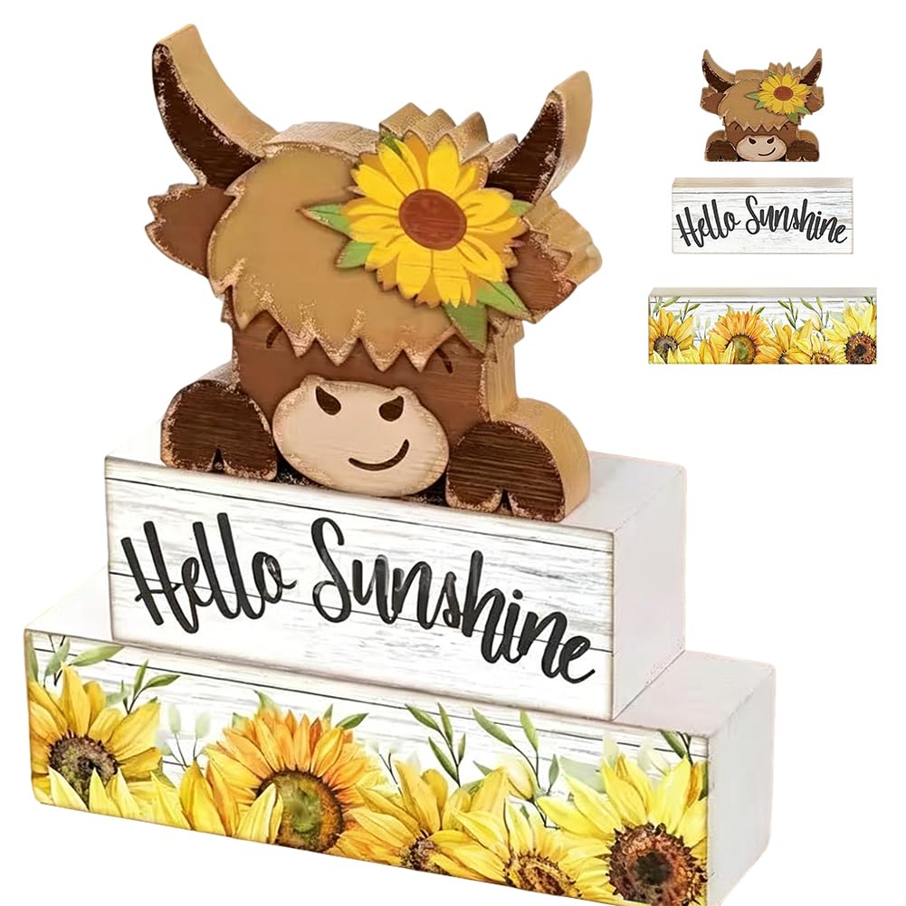 HATFRYF Highland Cow Ornaments Decor Set, 4PCS Wooden Home Ornaments with Farmhouse style, Hello Sweet Cheeks Table Decoration, Highland Cow Decoration for Living & Bedroom, Bathroom Decor