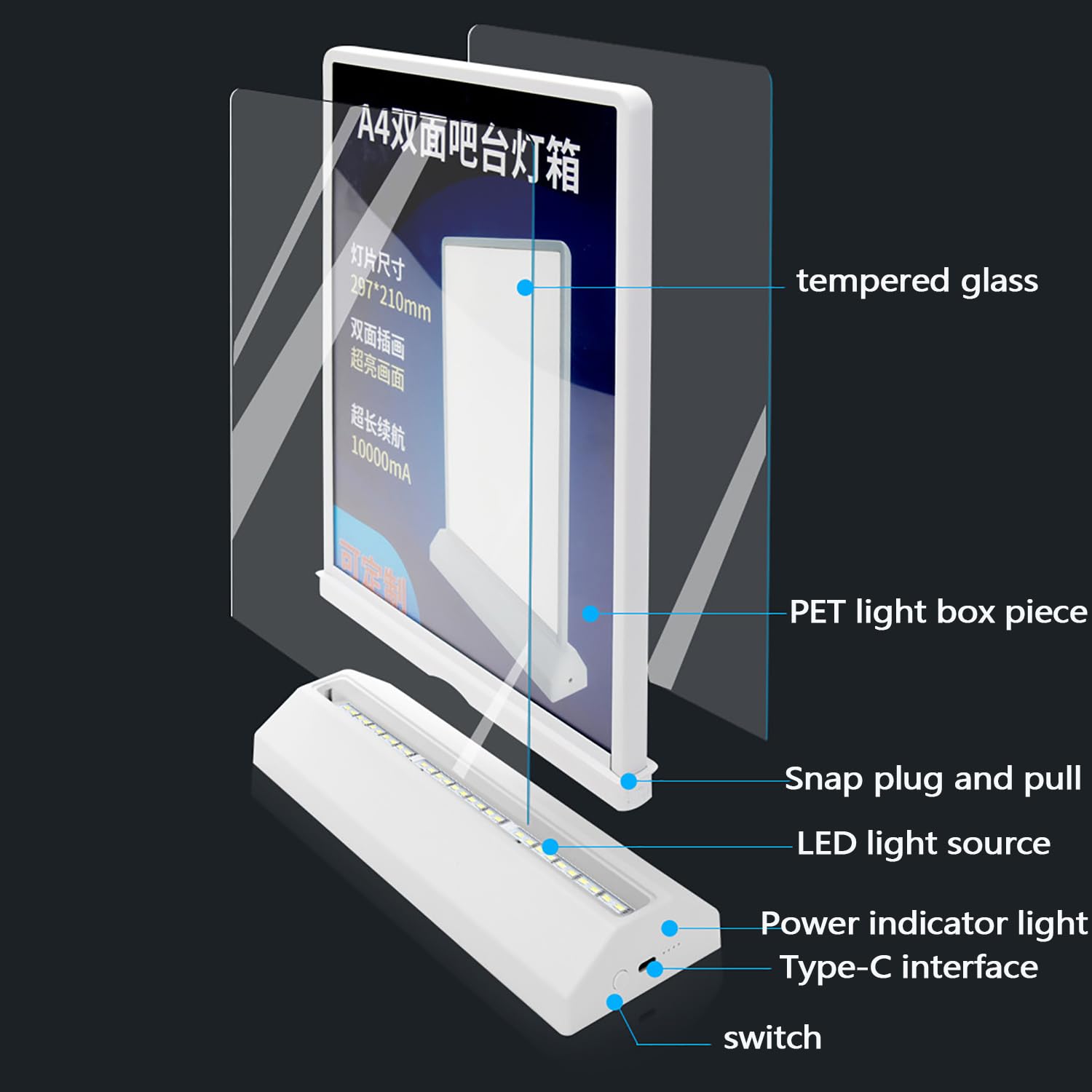 COYEUX Soporte de exhibición publicitario de Escritorio A4, Caja de luz publicitaria Recargable, Temperatura de Color LED 8000K, Adecuado para restaurantes y hoteles