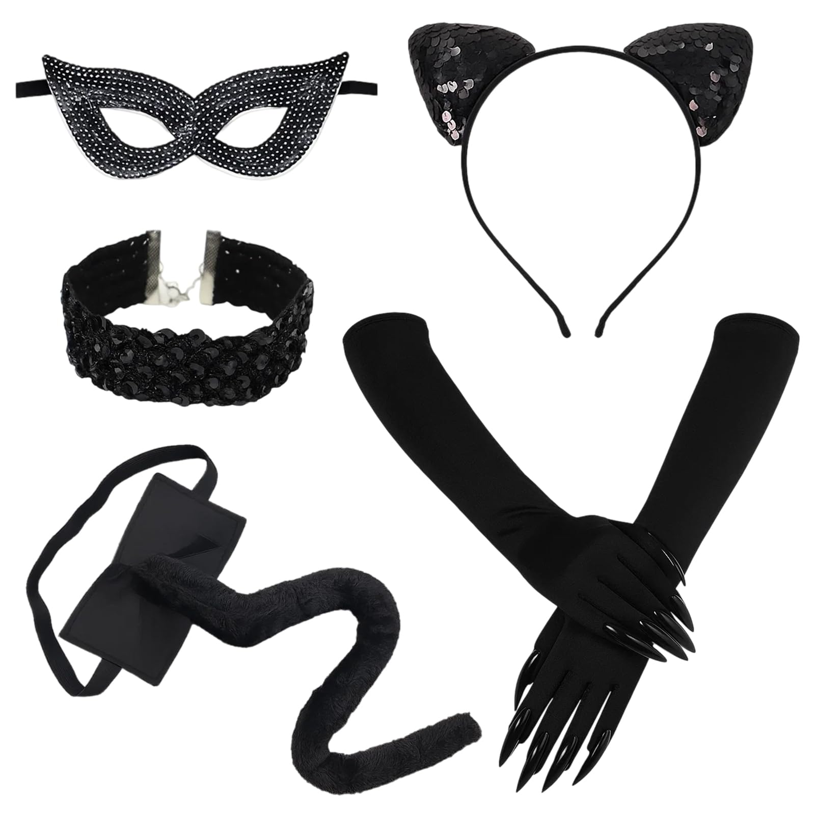 Cat Costume, 5 Pcs Cat Woman Outfit With Ears, Mask, Choker, Gloves And Tail, Cosplay Costumes for Women Halloween Party