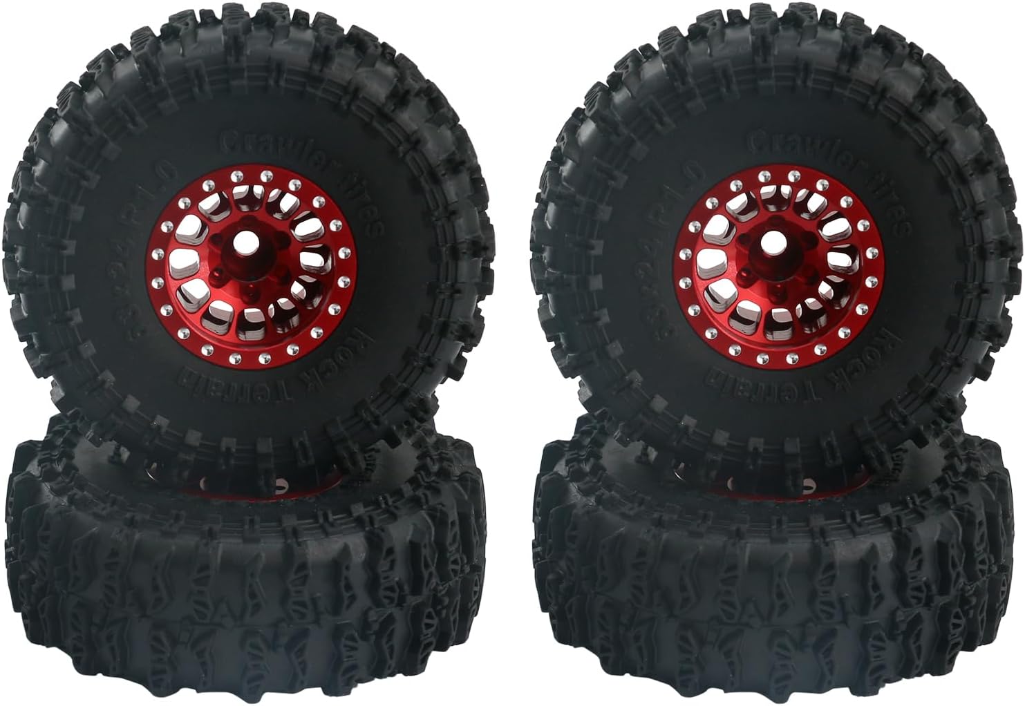 4Pcs Wheel and Tires Set 1.0" Beadlock Alloy Rims & 63×24mm RC Crawler Rock Terrain Rubber Tire for 1/18 TRX4M 1/24 Axial SCX24 Upgrade Part(Red)